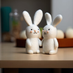Obraz premium Two felted bunnies illustration friendship, togetherness and communication. Adorable miniature rabbits. Illustration, generative art.