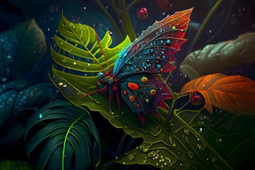 Plakat Mysterious forest with butterfly on greeny leaves and flowers.Ai generated