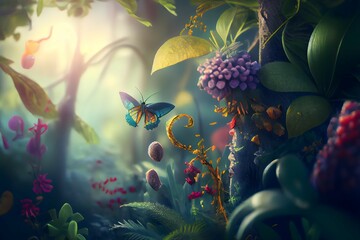 Mysterious forest with butterfly on greeny leaves and flowers.Ai generated