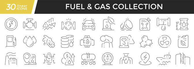 Fuel and gas linear icons set. Collection of 30 icons in black
