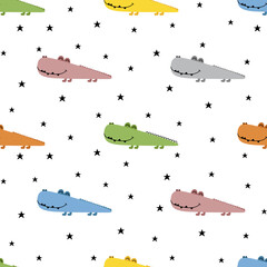 Fototapeta premium Seamless pattern with smile crocodiles and stars. Childish background.