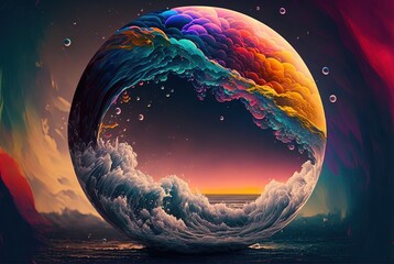 World within worlds - moon as a portal rift to another dimension in time and space with turbulent ocean waves and surreal clouds. Fantasy unreal sci-fi seascape - Generative AI illustration.