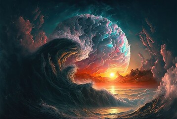 World within worlds - moon as a portal rift to another dimension in time and space with turbulent ocean waves and surreal clouds. Fantasy unreal sci-fi seascape - Generative AI illustration.