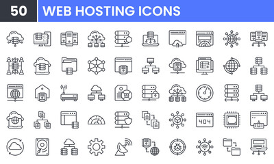 Web Hosting vector line icon set. Contains linear outline icons like Server, Database, Network, Cloud, Storage, Internet, Website, Computing, System, Communication, Computer. Editable use and stroke.