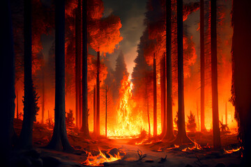Forest fire disaster, orange flames burning trees, ai