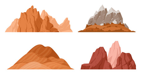 Cartoon red mountains. Rocky range and peak, outdoor hiking, nature landscape mountain silhouette flat vector illustration set on white background