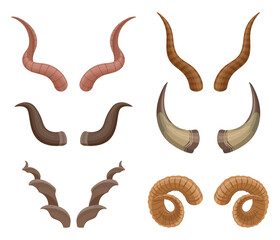 Cartoon wild animals horns. Horned goat, buffalo and ram antlered, ungulates mammals horns flat vector illustration set on white background