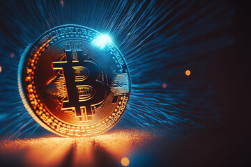 Bitcoin on vibrant bokeh light abstract background. Finance and technology concept. Generative AI