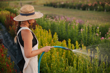 Woman in a summer dress and hat waters flowers in a field.