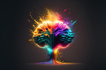 Creativity concept with a brain exploding in colors. Mind blown concept. Generative AI