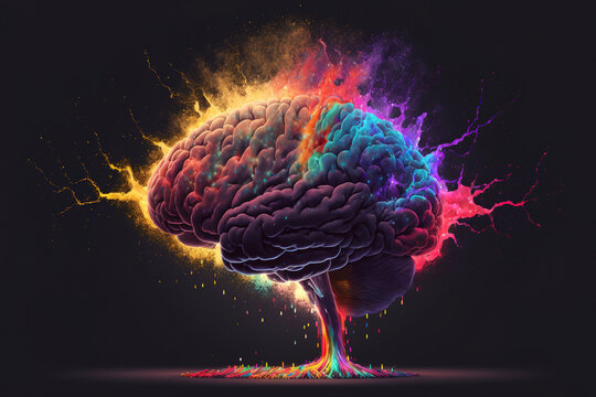 Creativity concept with a brain exploding in colors. Mind blown concept. Generative AI