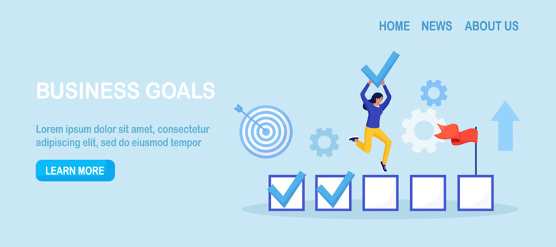 Happy employee woman celebrating completed task with check mark in hand. Goals accomplished. Achieving personal, business goal. Plan fulfilled, mission finished. Successful execution of business tasks