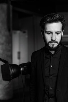 Monochrome photo of man