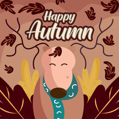 Colored happy autumn concept poster Happy dog pet with scarf Vector