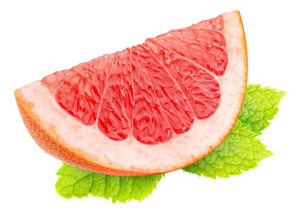 Piece of pink grapefruit over mint leaf cut out