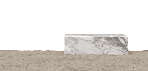 White marble podium standing in sand, on transparent background. Elegant stage for product, cosmetic presentation. Luxury mock up. Pedestal or platform for beauty products. Empty scene. 3D render.