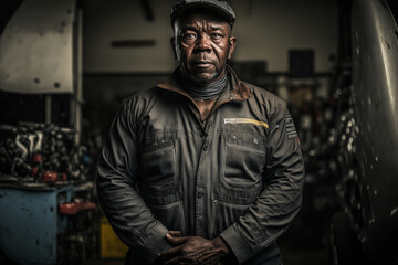 Obraz na płótnie Canvas Portrait of old black car mechanic standing in the garage and prepare to repair or maintain engine or gearbox service. Epic cinematic lighting, golden hour. Generative AI 