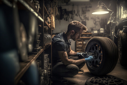 Automotive car mechanic working in the garage and changing a tire from light wheels. Repair or maintenance of auto service. AI generative