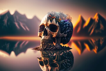 Obraz na płótnie Canvas human skull on ground with blur nature background 