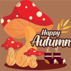 Colored happy autumn concept poster Group of winter mushrooms Vector
