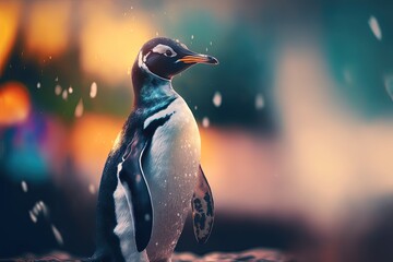 illustration of a penguin stand on rock with copy space , nature background, Generative Ai - obrazy, fototapety, plakaty