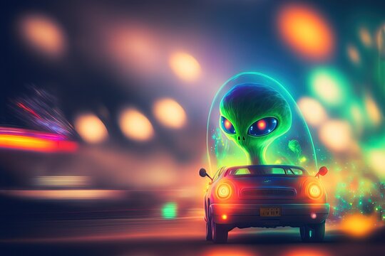 cute alien character design, driving in little car on street with copy space ,  Generative Ai