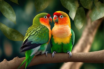 Fototapeta na wymiar two colorful birds sitting on a branch of a tree together, with leaves in the background and a green leafy tree in the foreground, with a green, with a red,.