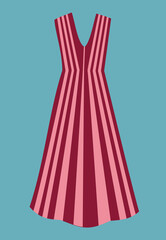 Vertical striped trendy beautiful women's dress template. Maxi long. Color of the year 2023 Viva Magenta. Fabric and clothing design trend advertisement. Technical vector illustration 
