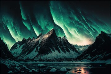  a painting of a mountain with green lights in the sky above it and a lake below it with rocks and ice in the water below it and a mountain with snow covered with a few.