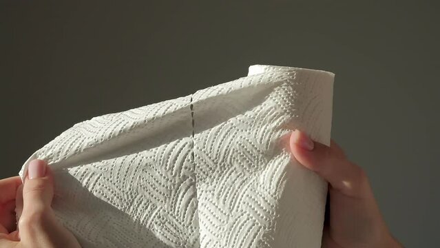 Unrecognizable Person Tearing Off A Piece Of Paper Towel From A Roll. Close Up