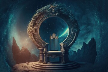 illustration of ancient throne seat at stone sanctuary with celestial on other dimension as background, divine heavenly blessing with glow blue light spirit fog