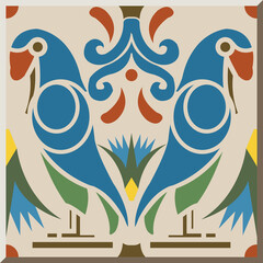 Fototapeta premium Antique square tile botanic garden vintage pattern parrot and flower plant