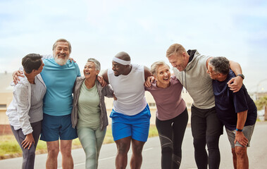 Fitness, senior group of people and smile outdoor together for exercise motivation, retirement health support and diversity on training workout. Elderly athletes, happiness hug and sports friends - obrazy, fototapety, plakaty