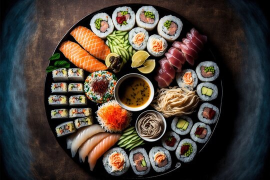  a plate of sushi and sauce on a table top with a wooden table cloth and a wooden table cloth behind it, with a wooden table cloth and a plate of sushi and.