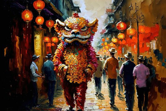 oil painting style illustration of lantern hanging on wall background and people walking on town street , idea for Chinese new year and Asian lantern festival theme