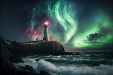 Fototapeta na wymiar a lighthouse with a green and red aurora light in the background and a dark sky with clouds and stars above it and a green and white aurora light in the middle of the sky above.