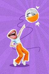 Photo sketch collage graphics artwork picture of funky lady mouth instead of head pointing citrus disco ball isolated drawing background