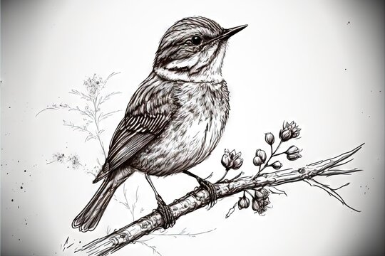  a bird sitting on a branch with flowers in the background and a white background behind it, with a black and white drawing of a bird on the branch with a white background, with.