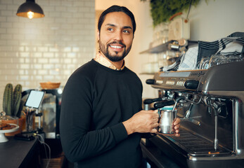 Cafe, barista and man at coffee machine milk steamer thinking with optimistic and happy smile. Professional coffee shop business owner and entrepreneur guy working at machine in Brazil.