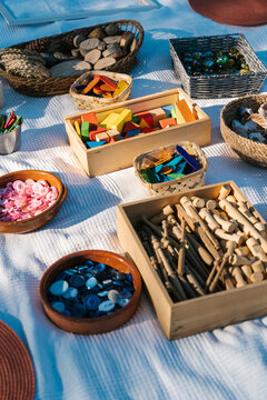 Various sensory items in boxes during outdoor art class