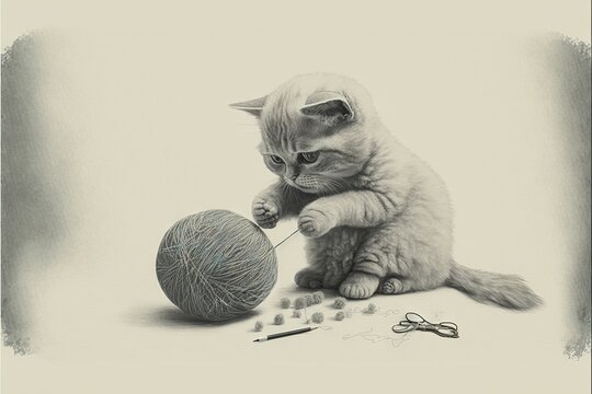  a cat playing with a ball of yarn and a ball of knitting needles on the floor with a ball of yarn and a pair of scissors on the floor next to it, on a white background.