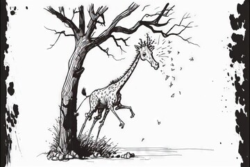  a drawing of a giraffe standing next to a tree with its head in the air and its mouth open, with its mouth open, and its tongue out, with its mouth wide open.