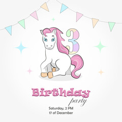 Invitation to a birthday party of 3 years old with a pony, holiday flags and the number 3. Vector illustration