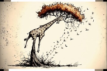  a giraffe is reaching for a tree with birds flying around it and a bird is flying away from it, and a tree is in the foreground with a bird in the background.
