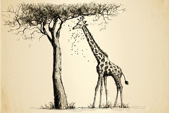  a giraffe standing next to a tree with its head in the branches of a tree with its head in the ground, and its mouth open, with its tongue out, and its mouth out.