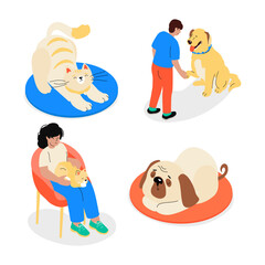 People, cats and dogs - flat design style illustration set