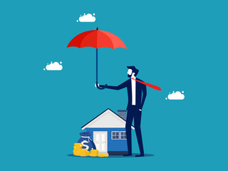 Businessman holding an umbrella protecting piles of coins and houses. concept of protection of assets or wealth vector