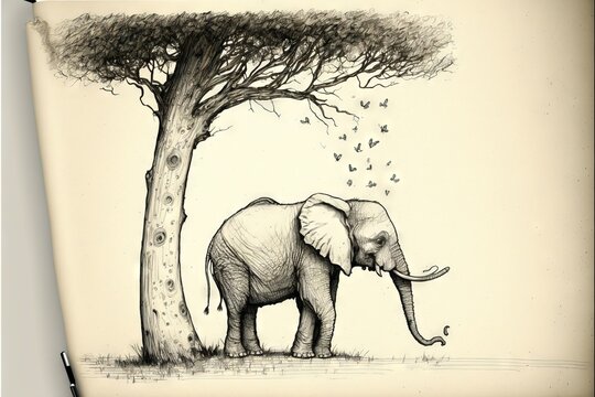  a drawing of an elephant standing next to a tree with birds flying around it and a bird flying above it, on a beige background with a white background with a black border and white.
