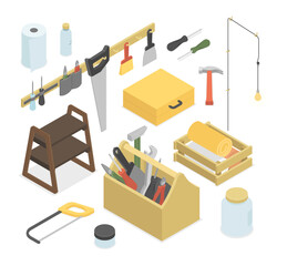 Tools for carpenter - modern vector colorful isometric illustrations set