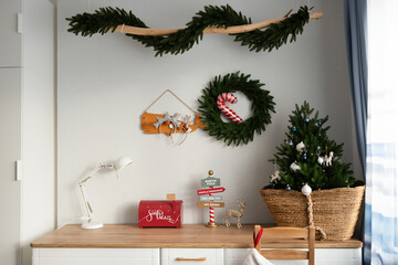 The interior of the room decorated for Christmas